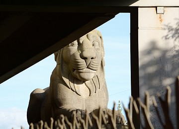 One of the Britannia Bridge lions almost hidden